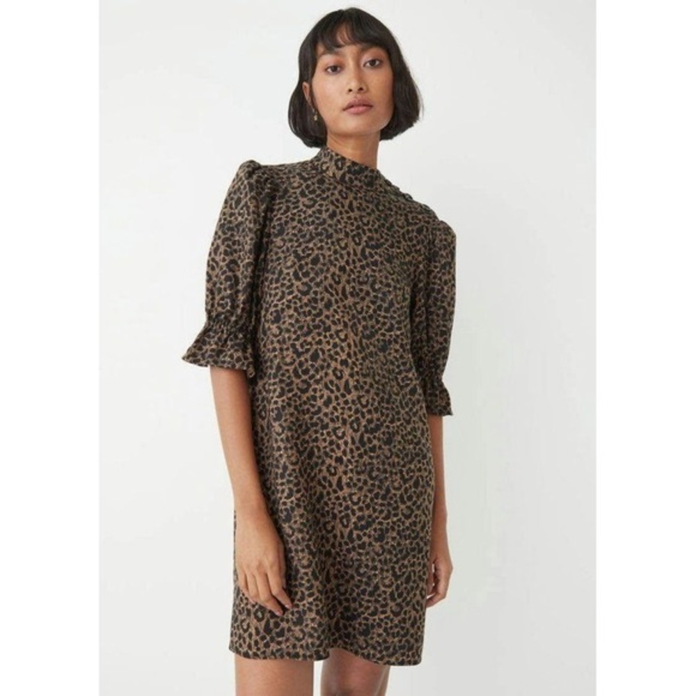& Other Stories Leopard Print Mini Dress Puff‎ Sleeve Mock Neck